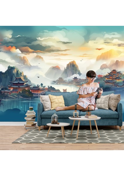 Fantastik Göl Manzaralı Geleneksel Japon Evleri Poster Duvar Kağıtları Tek Parça fırsatları