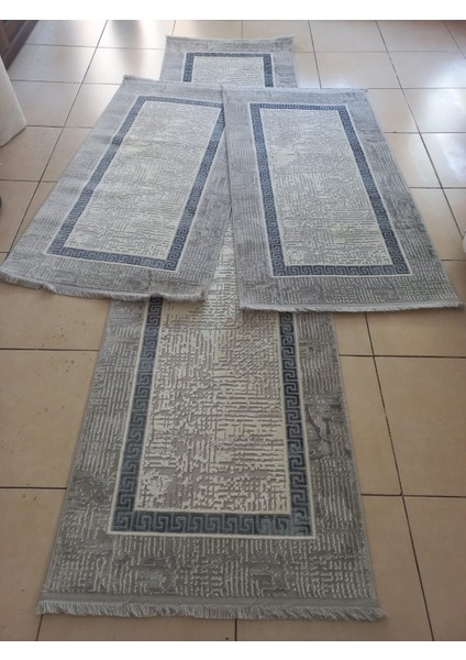 %100 Akrilik Iplik Modern Tarzda 3'lü Set Gri Mavi Dokuma Saçaklı Yatak Odası Halısı 4205