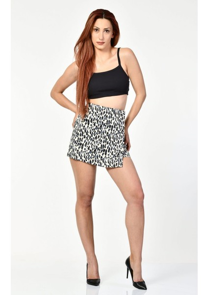 Leopar Desen Saten Şort Etek - Füme Füme - S