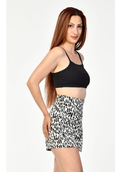 Leopar Desen Saten Şort Etek - Füme Füme - S
