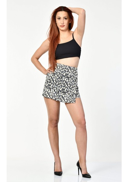 Leopar Desen Saten Şort Etek - Füme Füme - S