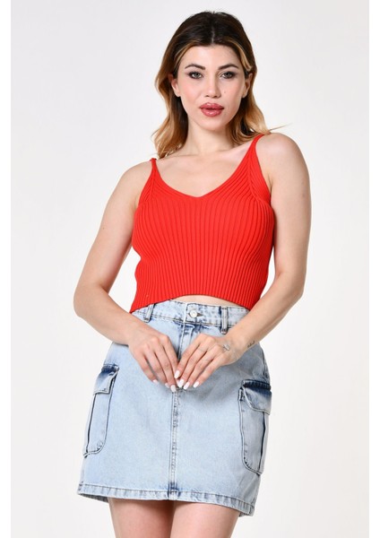Ince Askılı Triko Crop Bluz - Mercan Mercan - Standart