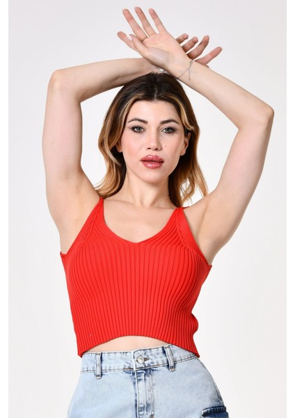 Ince Askılı Triko Crop Bluz - Mercan Mercan - Standart