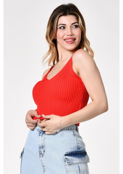 Ince Askılı Triko Crop Bluz - Mercan Mercan - Standart