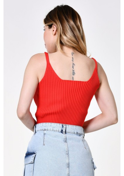 Ince Askılı Triko Crop Bluz - Mercan Mercan - Standart