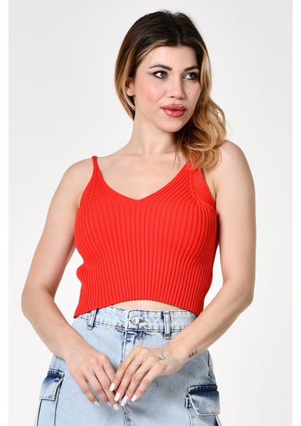 Ince Askılı Triko Crop Bluz - Mercan Mercan - Standart