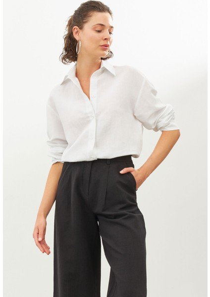 Beyaz Keten Oversize Gömlek