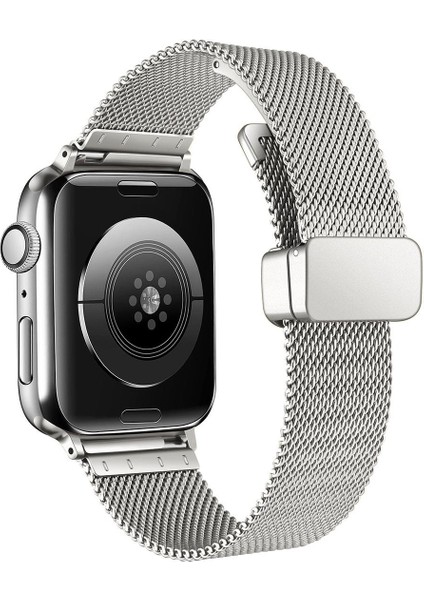 Apple Watch 7 8 41 mm Uyumlu Hasır Metal Kordon Magnetik D Tokalı Tel Örgü Kayış Mıknatıslı Toka