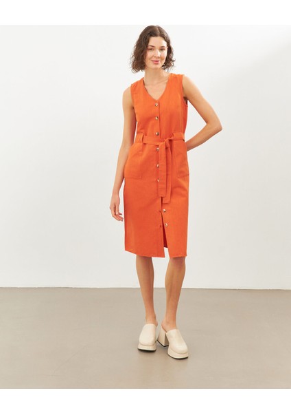 Kiremit Keten V Yaka Kuşaklı Kolsuz Midi Elbise