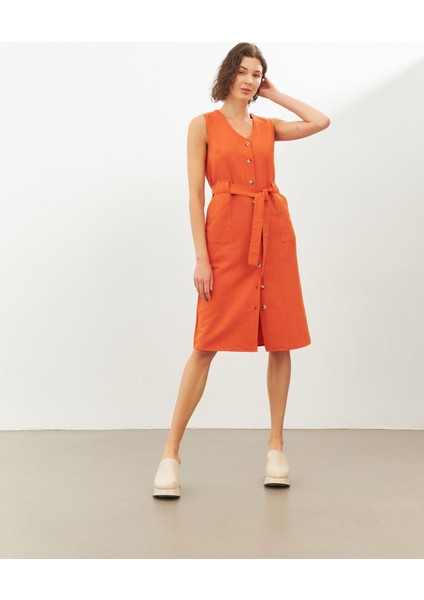 Kiremit Keten V Yaka Kuşaklı Kolsuz Midi Elbise fiyatları