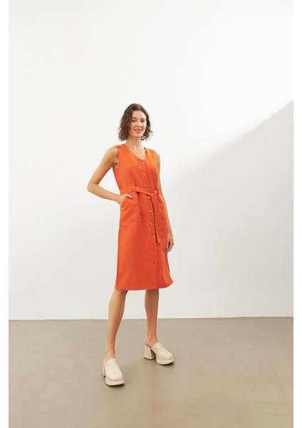 Kiremit Keten V Yaka Kuşaklı Kolsuz Midi Elbise modelleri