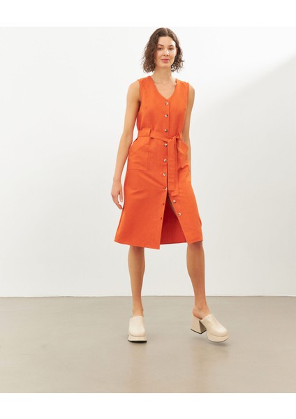 Kiremit Keten V Yaka Kuşaklı Kolsuz Midi Elbise indirimleri