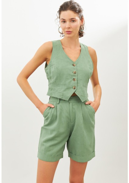Yeşil Beli Lastikli Keten Şort modelleri