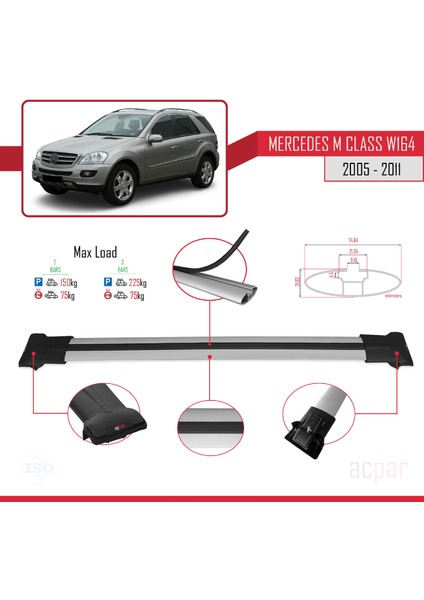 Mercedes M Class (W164) 2005-2011 Arası ile Uyumlu Fly Model Ara Atkı Tavan Barı Gri