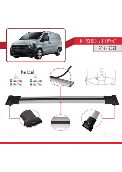 Mercedes Vito (W447) 2014 ve Sonrası ile Uyumlu Fly Model Ara Atkı Tavan Barı Gri