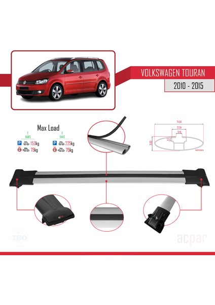 Volkswagen Touran 2010-2015 Arası ile Uyumlu Fly Model Ara Atkı Tavan Barı Gri