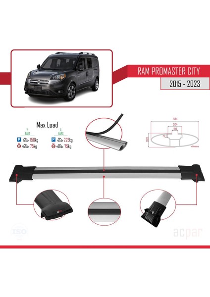 Ram Promaster City 2015 ve Sonrası ile Uyumlu Fly Model Ara Atkı Tavan Barı Gri modelleri