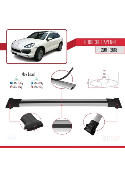 Porsche Cayenne 92A 2011-2018 Arası ile Uyumlu Fly Model Ara Atkı Tavan Barı Gri modelleri