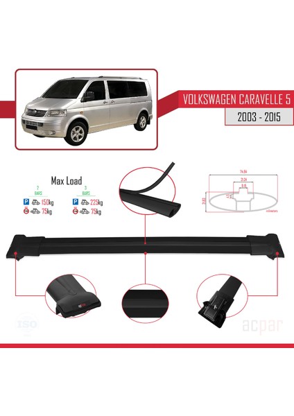 Volkswagen Caravelle (T5) 2003-2015 Arası ile Uyumlu Fly Model Ara Atkı Tavan Barı Siyah