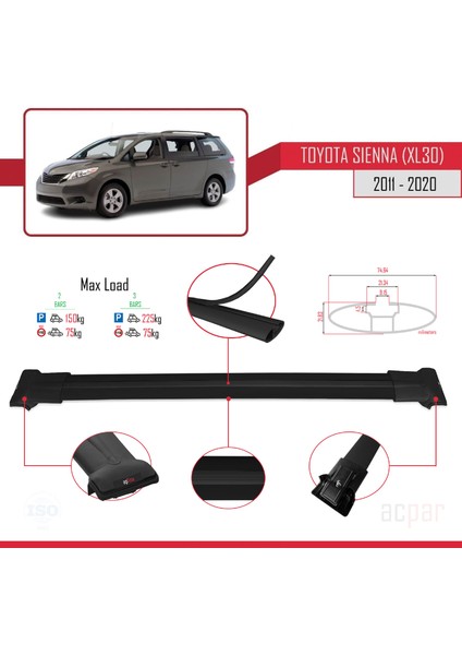 Toyota Sienna (XL30) 2011-2020 Arası ile Uyumlu Fly Model Ara Atkı Tavan Barı Siyah