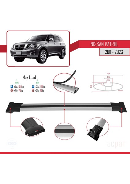 Nissan Patrol Y62 2011 ve Sonrası ile Uyumlu Fly Model Ara Atkı Tavan Barı Gri modelleri