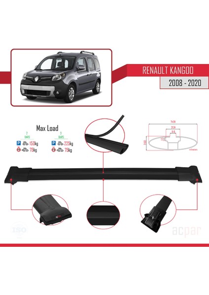 Renault Kangoo 2008-2020 Arası ile Uyumlu Fly Model Ara Atkı Tavan Barı Siyah