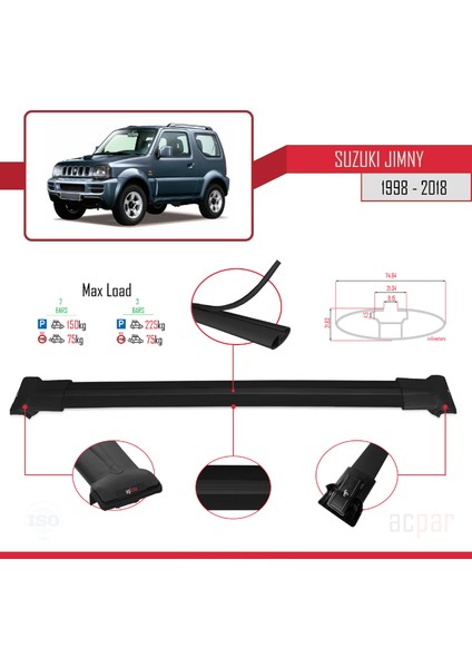 Suzuki Jimny 1998-2018 Arası ile Uyumlu Fly Model Ara Atkı Tavan Barı Siyah modelleri