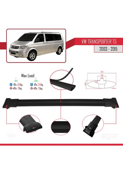 Volkswagen Transporter (T5) 2003-2015 Arası ile Uyumlu Fly Model Ara Atkı Tavan Barı Siyah