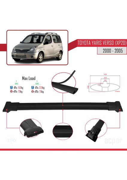 Toyota Yaris Verso (XP20) 2000-2005 Arası ile Uyumlu Fly Model Ara Atkı Tavan Barı Siyah