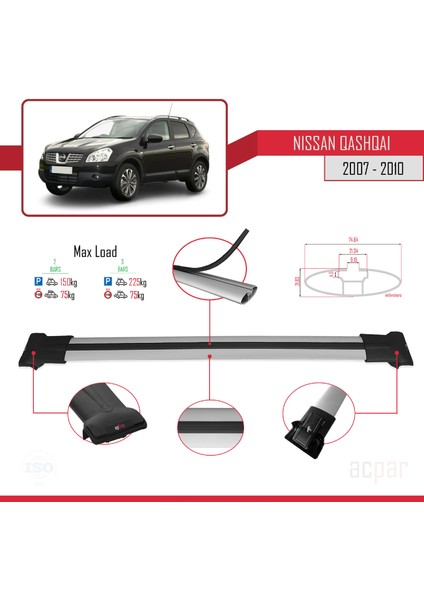 Nissan Qashqai 2007-2010 Arası ile Uyumlu Fly Model Ara Atkı Tavan Barı Gri fırsatları