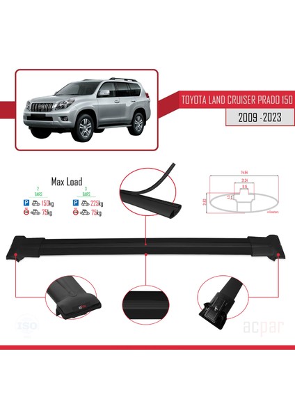 Toyota Land Cruiser Prado (J150) 2009 ve Sonrası ile Uyumlu Fly Model Ara Atkı Tavan Barı Siyah