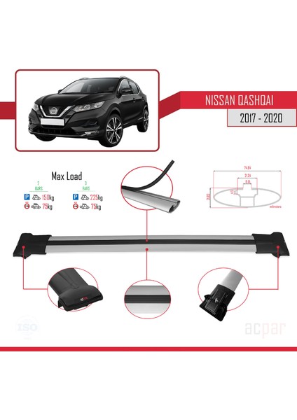 Nissan Qashqai 2017-2020 Arası ile Uyumlu Fly Model Ara Atkı Tavan Barı Gri fırsatları