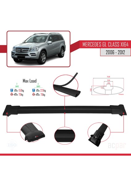Mercedes Gl Class (X164) 2006-2012 Arası ile Uyumlu Fly Model Ara Atkı Tavan Barı Siyah modelleri