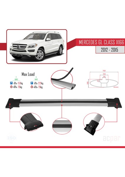 Mercedes Gl Class (X166) 2012-2015 Arası ile Uyumlu Fly Model Ara Atkı Tavan Barı Gri