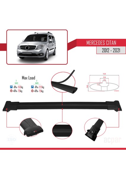 Mercedes Citan 2012-2021 Arası ile Uyumlu Fly Model Ara Atkı Tavan Barı Siyah