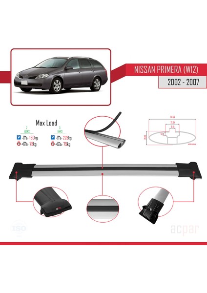 Nissan Primera (W12) 2002-2007 Arası ile Uyumlu Fly Model Ara Atkı Tavan Barı Gri modelleri
