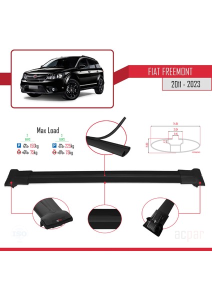 Fiat Freemont 2011 ve Sonrası ile Uyumlu Fly Model Ara Atkı Tavan Barı Siyah