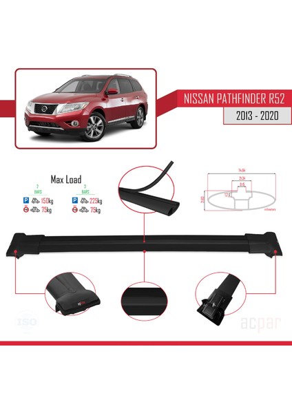 Nissan Pathfinder (R52) 2013-2020 Arası ile Uyumlu Fly Model Ara Atkı Tavan Barı Siyah modelleri