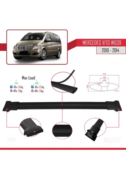 Mercedes Vito (W639) 2010-2014 Arası ile Uyumlu Fly Model Ara Atkı Tavan Barı Siyah modelleri