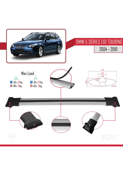 Bmw 5 Serisi (E61) Tourıng 2004-2010 Arası ile Uyumlu Fly Model Ara Atkı Tavan Barı Gri