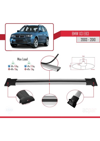 Bmw X3 E83 2003-2010 Arası ile Uyumlu Fly Model Ara Atkı Tavan Barı Gri modelleri