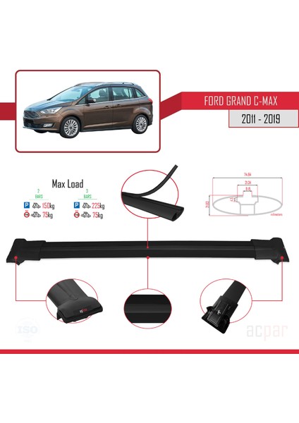 Ford Grand C-Max 2011-2019 Arası ile Uyumlu Fly Model Ara Atkı Tavan Barı Siyah modelleri