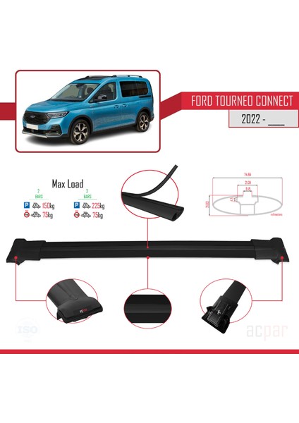 Ford Turneo Connect 2022 ve Sonrası ile Uyumlu Fly Model Ara Atkı Tavan Barı Siyah modelleri