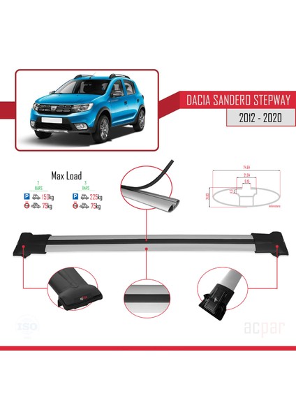 Dacia Sandero Stepway 2012-2020 Arası ile Uyumlu Fly Model Ara Atkı Tavan Barı Gri fırsatları