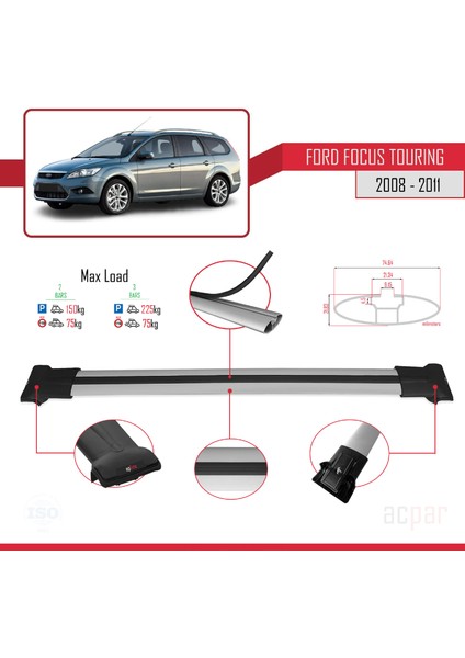 Ford Focus Tourıng 2008-2011 Arası ile Uyumlu Fly Model Ara Atkı Tavan Barı Gri fırsatları