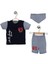 Erkek Bebek Gri Renk Nakışlı Pamuk Mevsimlik Yazlık College T-Shirt Önlük ve Şort Takım 1