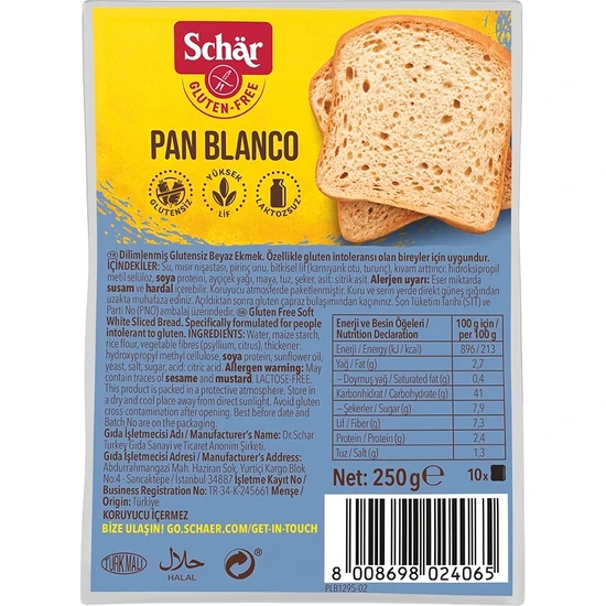 Schar Pan Blanco Glutensiz Ekmek 250 Gr. (8 Adet)