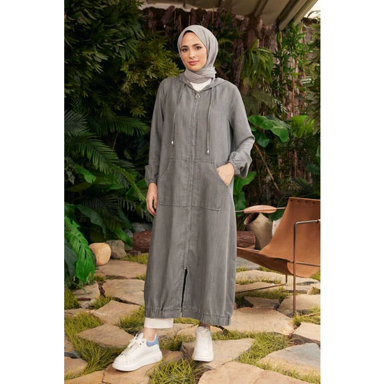Neways 6475-KAPŞONLU Fermuarlı  Tunik Gri