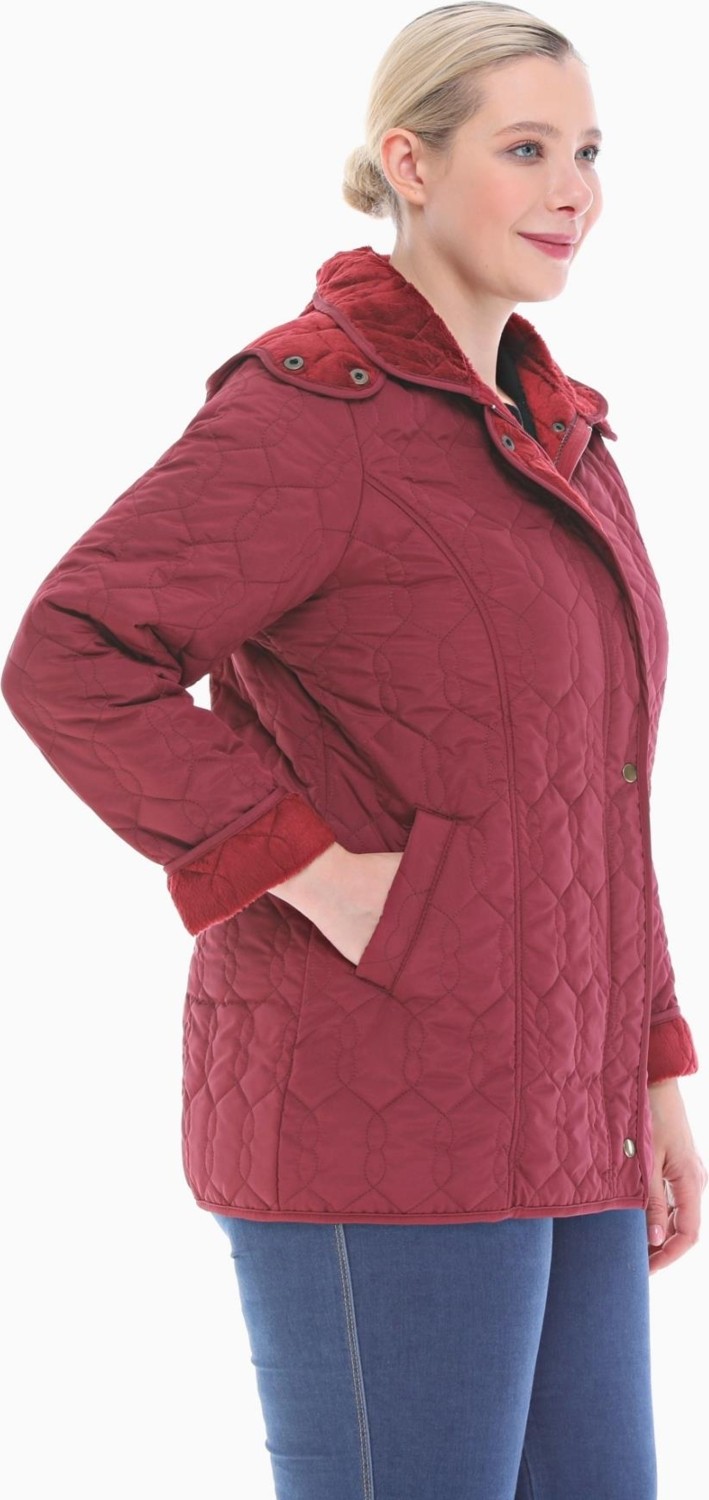 Vetre Kadın Büyük Beden Kapüşonlu 75 CM Bordo Kapitone Mont 1014 görsel 3