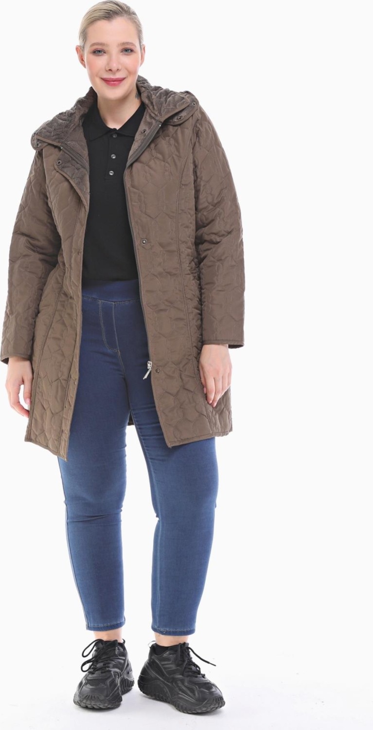 Vetre Kadın Büyük Beden Kapüşonlu 95 Cm Haki Kapitone Mont 1016 görsel 4